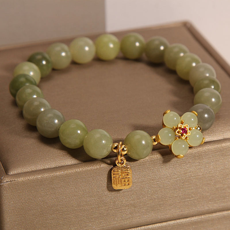 Bransoletka z Buddha Stones, zielonego jadeitu, kwiatu Fu, uroku szczęścia
