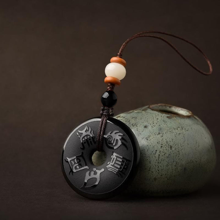 Buddha Stones Czarny Obsydian Taoizm Pięć Świętych Gór Rzeźbione Siła Pokój Klamra Naszyjnik Wisiorek Brelok Telefon Wiszący Dekoracja