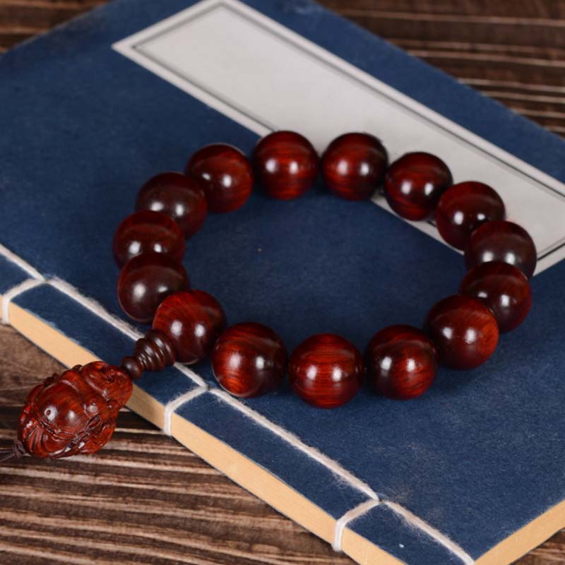 Buddha Stones Małe Liście Czerwone Drzewo Sandałowe Śmiejący Się Budda Bóg Bogactwa Bransoletka Ochronna