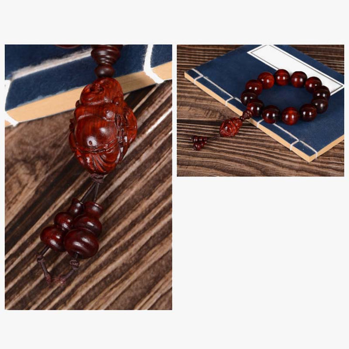 Buddha Stones Małe Liście Czerwone Drzewo Sandałowe Śmiejący Się Budda Bóg Bogactwa Bransoletka Ochronna