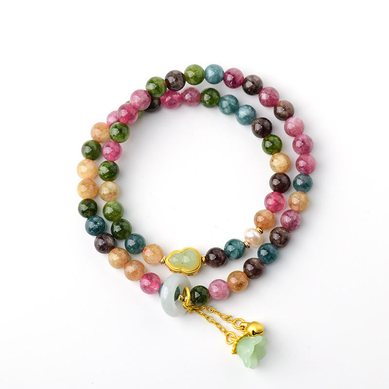 Buddha Stones Wielokolorowy Turmalin Tykwa Mądrość Podwójne Owijanie Bransoletka z Konwalii Charm