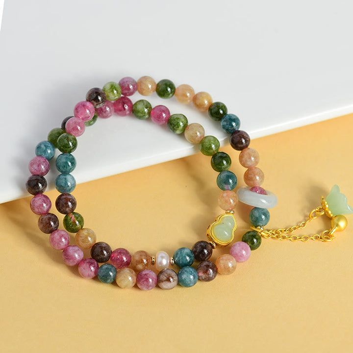 Buddha Stones Wielokolorowy Turmalin Tykwa Mądrość Podwójne Owijanie Bransoletka z Konwalii Charm