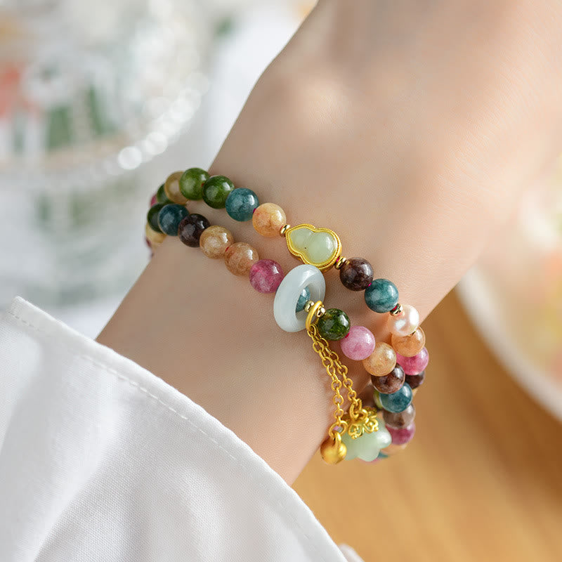 Buddha Stones Wielokolorowy Turmalin Tykwa Mądrość Podwójne Owijanie Bransoletka z Konwalii Charm