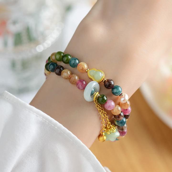 Buddha Stones Wielokolorowy Turmalin Tykwa Mądrość Podwójne Owijanie Bransoletka z Konwalii Charm