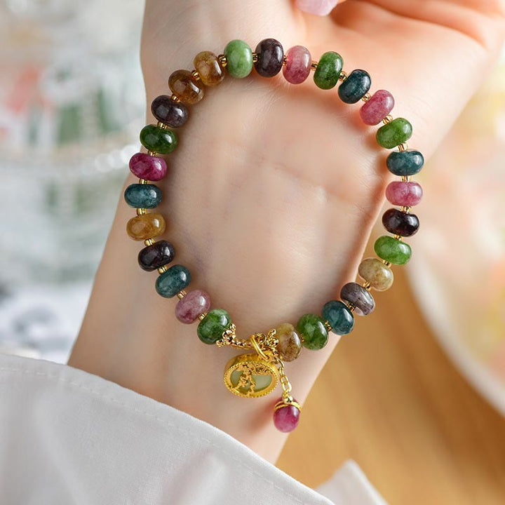 Buddha Stones Kolorowe Turmaliny Uroczy Kwiat Królik Charm Bransoletka Miłość