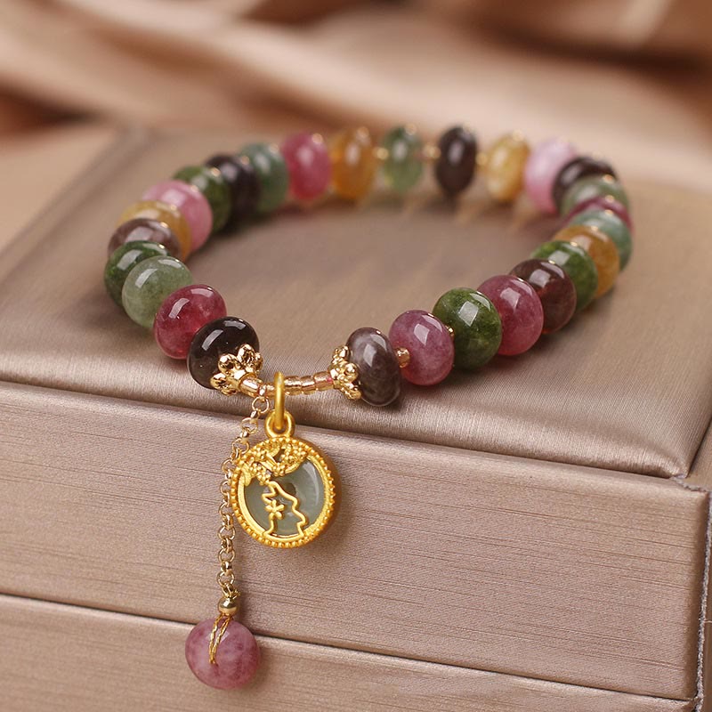 Buddha Stones Kolorowe Turmaliny Uroczy Kwiat Królik Charm Bransoletka Miłość