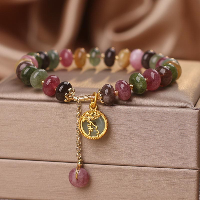 Buddha Stones Kolorowe Turmaliny Uroczy Kwiat Królik Charm Bransoletka Miłość