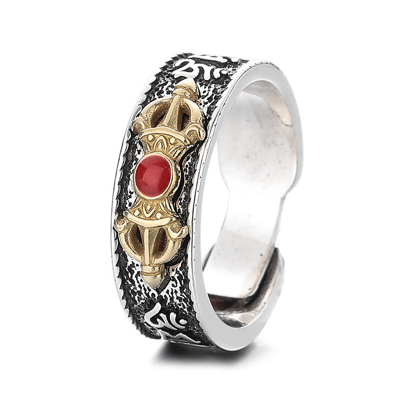 Buddha Stones Tybetański Om Mani Padme Hum Czerwony Agat Dorje Vajra Design Pierścień Mądrości