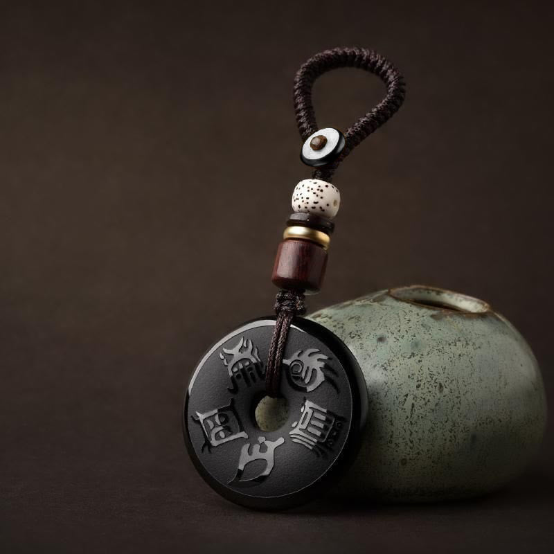 Buddha Stones Czarny Obsydian Taoizm Pięć Świętych Gór Rzeźbione Siła Pokój Klamra Naszyjnik Wisiorek Brelok Telefon Wiszący Dekoracja