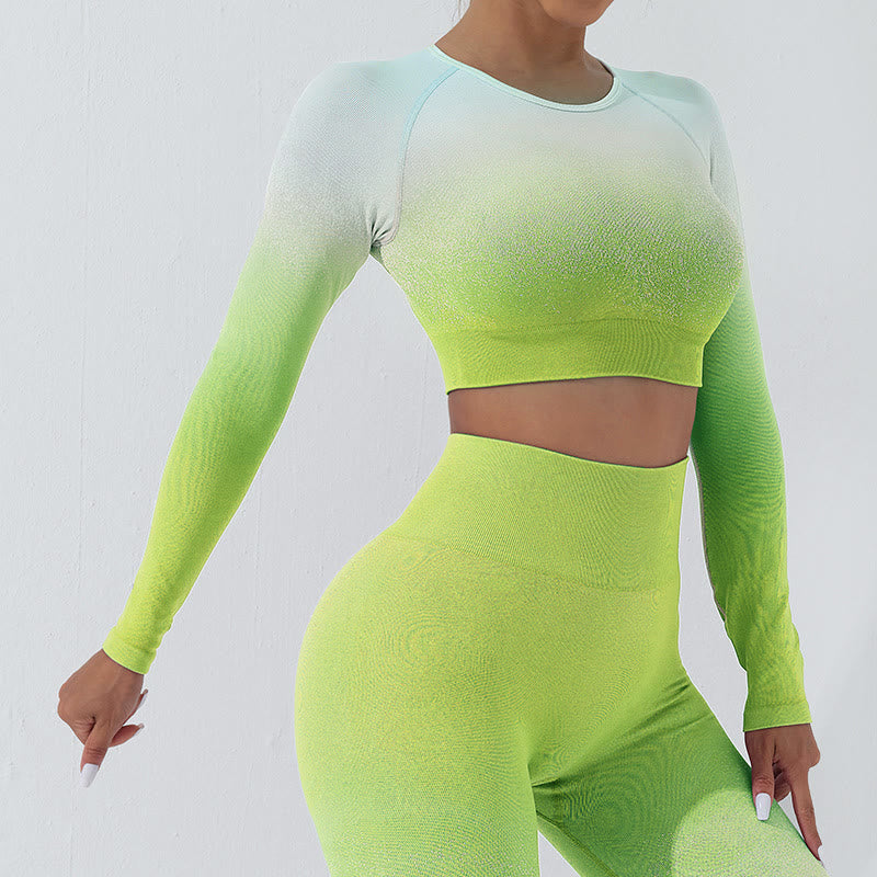 Buddha Stones Gradient Długi rękaw Crop Top Tee Biustonosz Legginsy Spodnie Fitness Joga Strój - Szczyt - Zielony - US4, UK/AU8, EU36 (L) - image 11