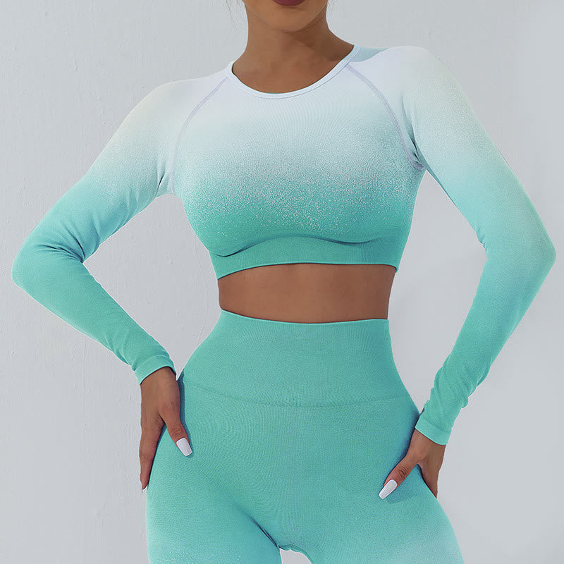 Buddha Stones Gradient Długi rękaw Crop Top Tee Biustonosz Legginsy Spodnie Fitness Joga Strój - Szczyt - Cyjanowo-biały - US4, UK/AU8, EU36 (L) - image 1