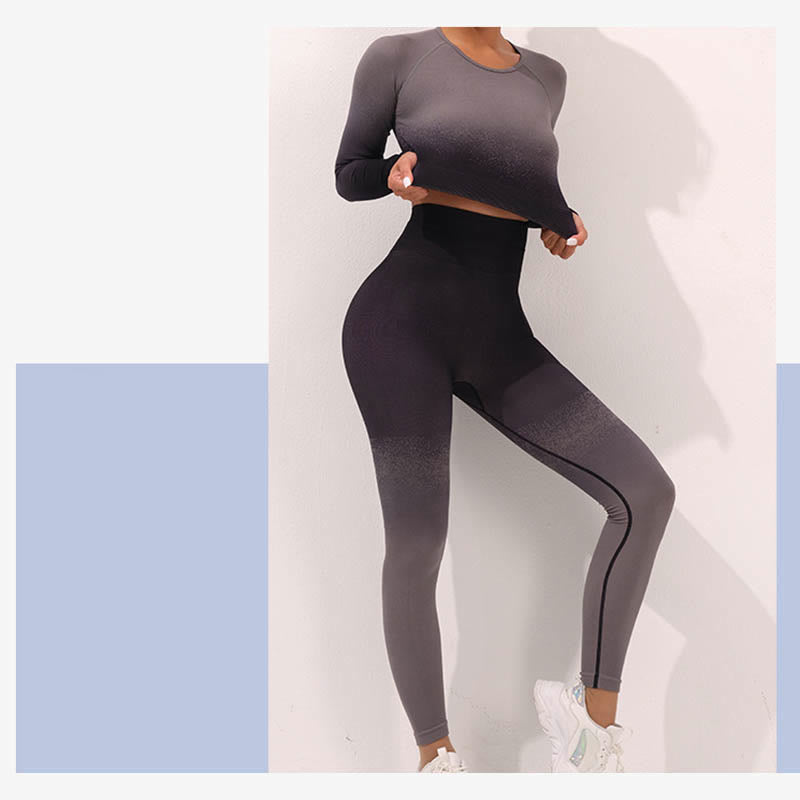 Buddha Stones Gradient Długi rękaw Crop Top Tee Biustonosz Legginsy Spodnie Fitness Joga Strój - image 18