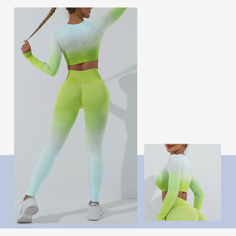 Buddha Stones Gradient Długi rękaw Crop Top Tee Biustonosz Legginsy Spodnie Fitness Joga Strój - image 40