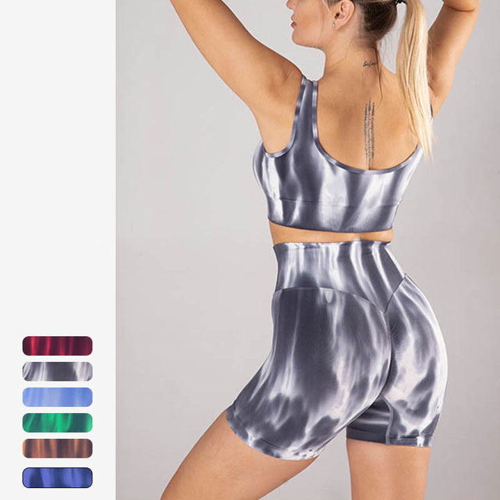 Buddha Stones 2 szt. Tie Dye Print Seamless Crop Top Biustonosz Szorty Sport Fitness Siłownia Joga Stroje
