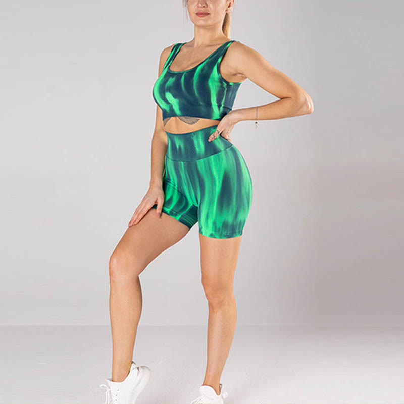 Buddha Stones 2 szt. Tie Dye Print Seamless Crop Top Biustonosz Szorty Sport Fitness Siłownia Joga Stroje