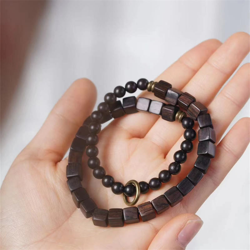 Buddha Stones Tybet Ebony Drewno Kwadratowe Koraliki Pokój Podwójna Bransoletka Owijana