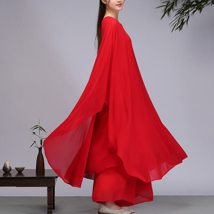 Buddha Stones Prosty wzór Midi Sukienka Szerokie Spodnie Medytacja Duchowy Zen Praktyka Joga Taniec Odzież - Czerwony - 2 sztuki (sukienka i spodnie) - US8-10，UK/AU12-14，EU40-42 (2XL) - image 10