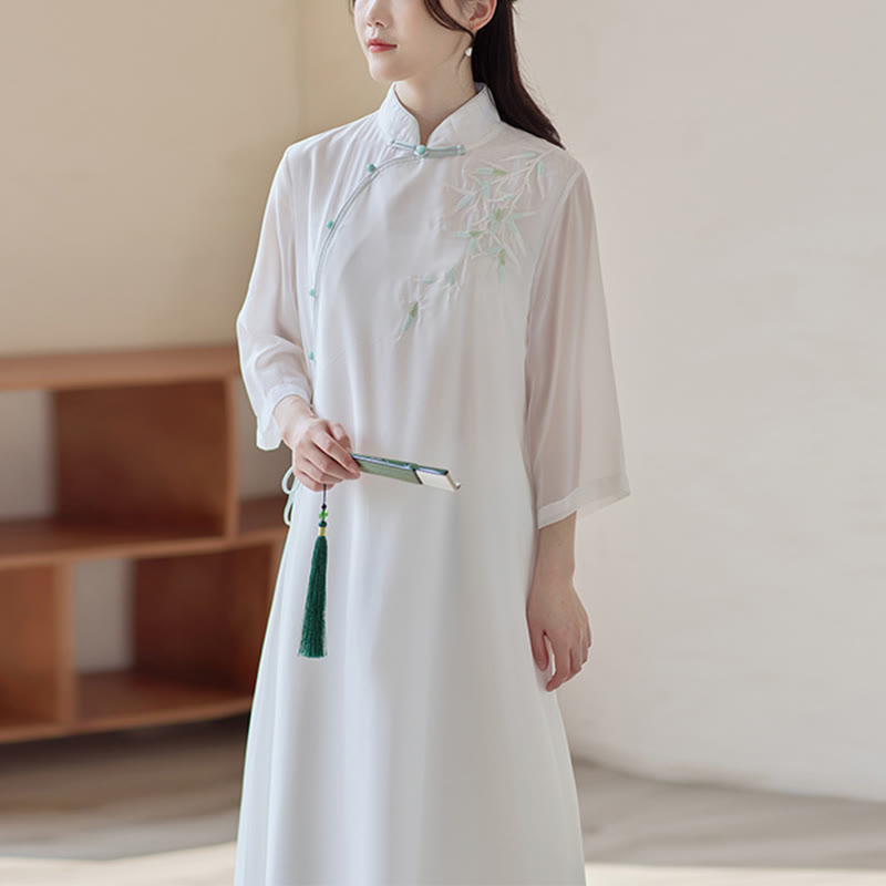 Buddha Stones Bambusowa Sukienka Cheongsam Sukienka Midi Szerokie Spodnie Medytacja Duchowa Praktyka Zen Odzież - Sukienki Cheongsam (tylko sukienki) - US8-10，UK/AU12-14，EU40-42 (2XL) - image 11