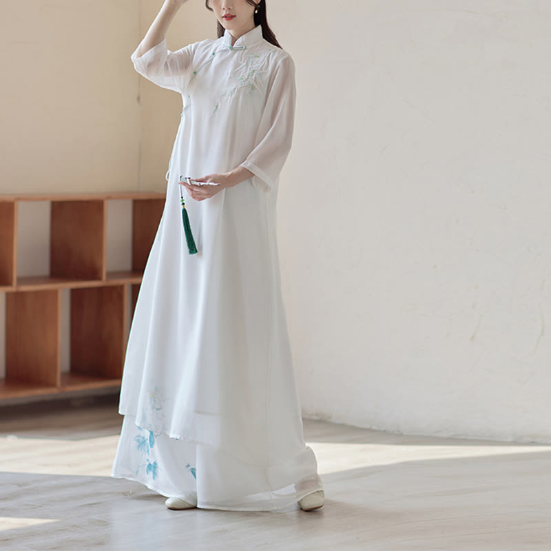 Buddha Stones Bambusowa Sukienka Cheongsam Sukienka Midi Szerokie Spodnie Medytacja Duchowa Praktyka Zen Odzież - image 0