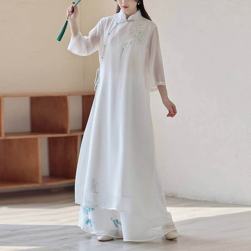 Buddha Stones Bambusowa Sukienka Cheongsam Sukienka Midi Szerokie Spodnie Medytacja Duchowa Praktyka Zen Odzież - image 1