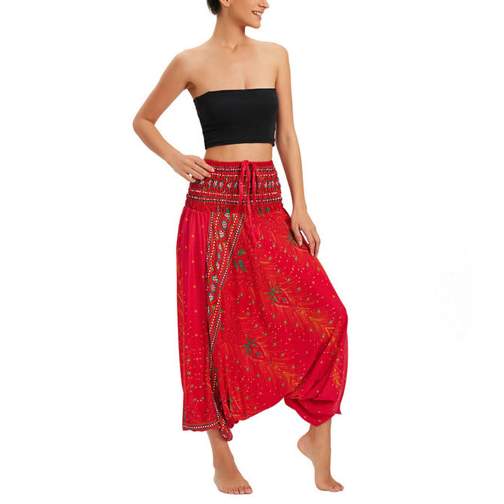 Buddha Stones Dwa Stylowe Nosić Pawie Pióra Luźne Spodnie Haremowe Marszczone Kombinezon Spodnie Z Wysokim Stanem - image 20