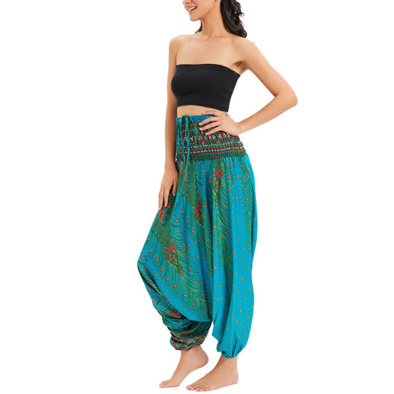 Buddha Stones Dwa Stylowe Nosić Pawie Pióra Luźne Spodnie Haremowe Marszczone Kombinezon Spodnie Z Wysokim Stanem - image 27