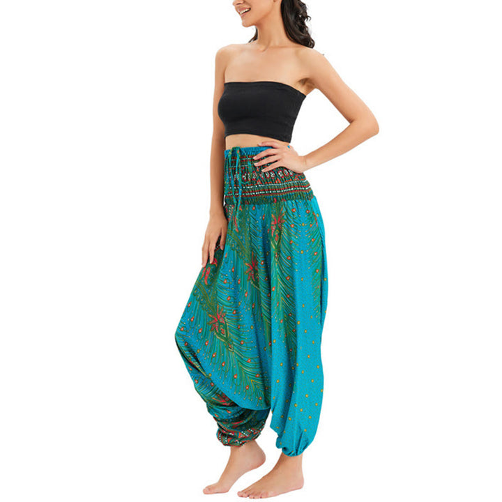 Buddha Stones Dwa Stylowe Nosić Pawie Pióra Luźne Spodnie Haremowe Marszczone Kombinezon Spodnie Z Wysokim Stanem - image 27