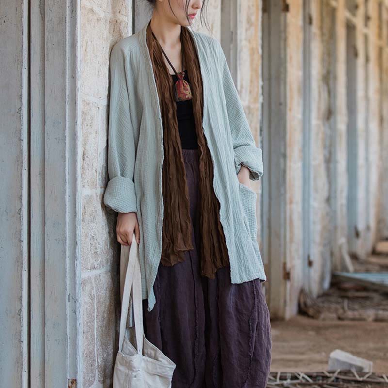 Buddha Stones Prosty wzór Długi rękaw Płaszcz Zen Medytacja Kurtka bawełniana z otwartym przodem - image 4