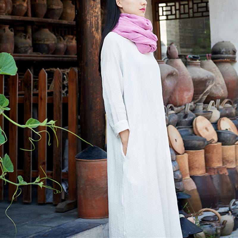 Buddha Stones Prosta sukienka midi z bawełny i lnu Zen Tunika z kieszeniami - image 24