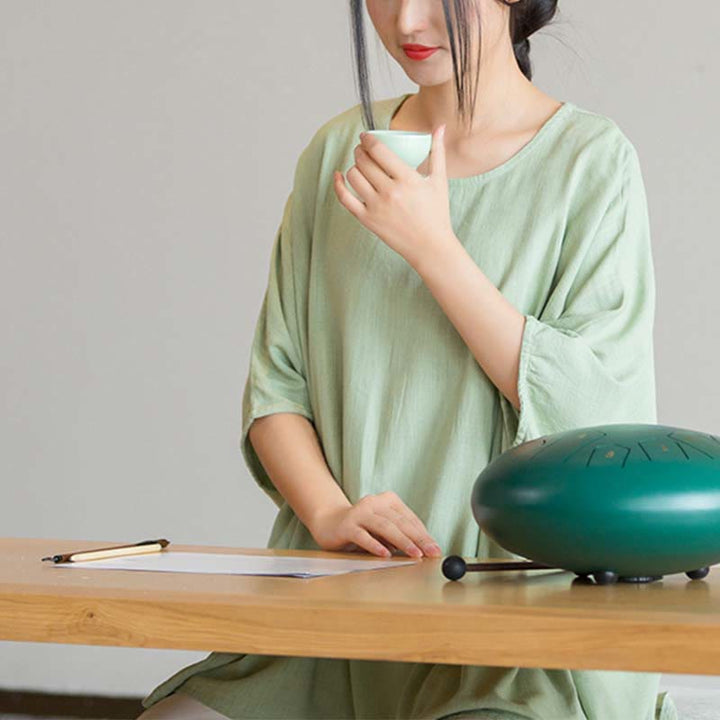 Koszulka z nadrukiem „Buddha Stones” w jednolitym kolorze, z rękawem trzy czwarte i luźną koszulką - image 16