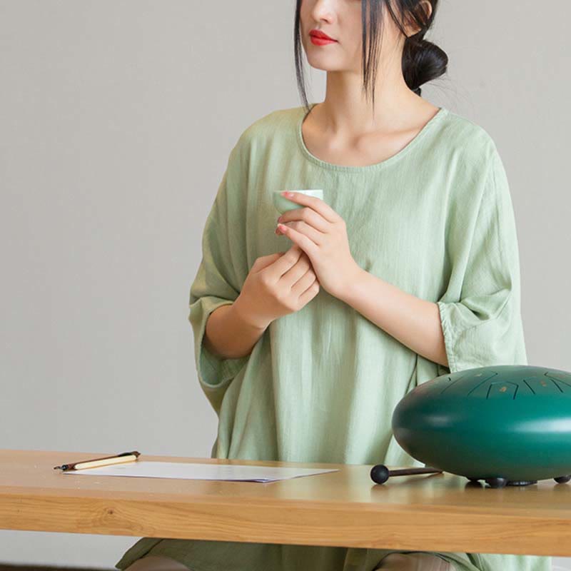 Koszulka z nadrukiem „Buddha Stones” w jednolitym kolorze, z rękawem trzy czwarte i luźną koszulką - image 13