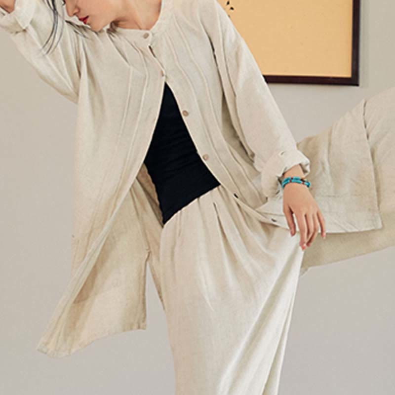 Buddha Stones Płaszcz z długim rękawem, prosty, kurtka, spodnie z szerokimi nogawkami, Zen Tai Chi, joga, medytacja, odzież - Beżowy - Tylko płaszcz - US4-12, UK/AU8-16, EU36-44 (F) - image 1