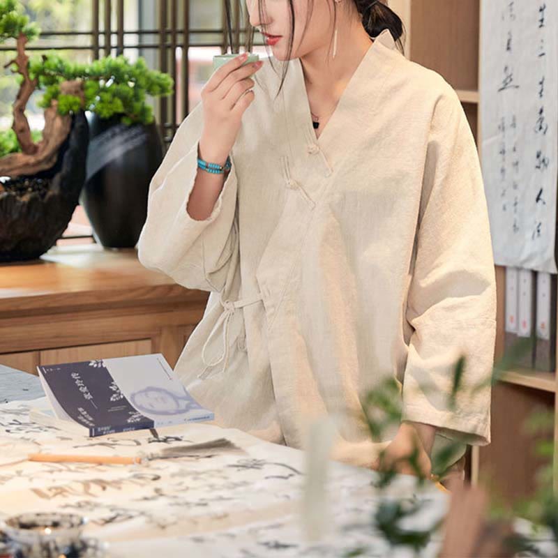 Buddha Stones -Guzik Hanfu Design Długi Rękaw Płaszcz Zen Medytacja Otwarty Przód Kurtka - Beżowy, US0-8/10, UK/AU4-12/14, EU32-40/42 (F) - image 16