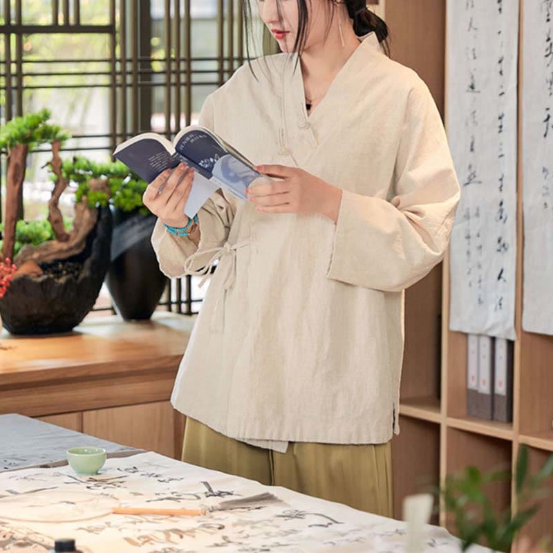 Buddha Stones -Guzik Hanfu Design Długi Rękaw Płaszcz Zen Medytacja Otwarty Przód Kurtka - image 18