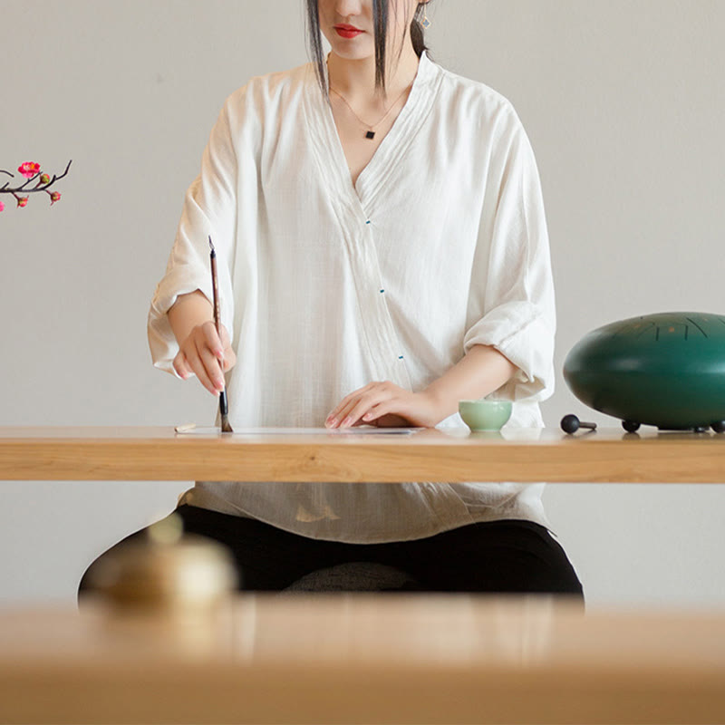 Bluzka z dekoltem w serek z Buddha Stones , damska, z długim rękawem, w stylu chińskim Hanfu - image 8