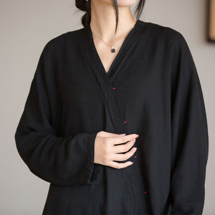 Bluzka z dekoltem w serek z Buddha Stones , damska, z długim rękawem, w stylu chińskim Hanfu - image 16