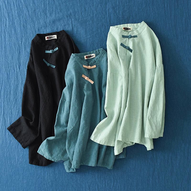 Buddha Stones Ramie Lniana Luźna Bluzka Damska Koszula Z Długim Rękawem Chiński Hanfu Top - image 27
