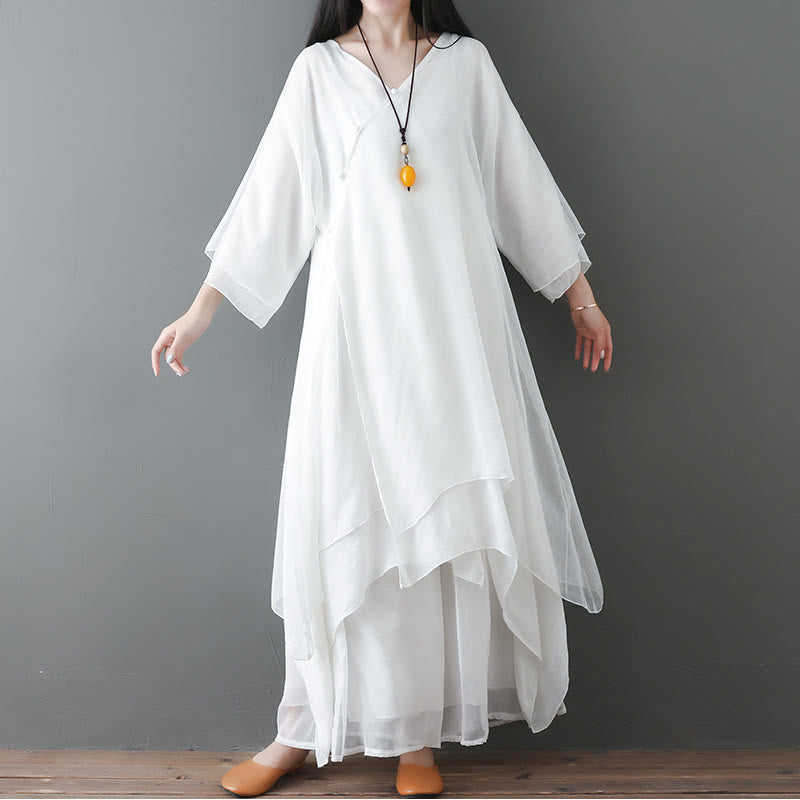 Sukienka midi z dekoltem w serek z motywem Buddha Stones, spodnie z szerokimi nogawkami, strój do medytacji i tańca zen - 2 sztuki białe (sukienka i spodnie) - US12, UK/AU16, EU44 (2XL) - image 0