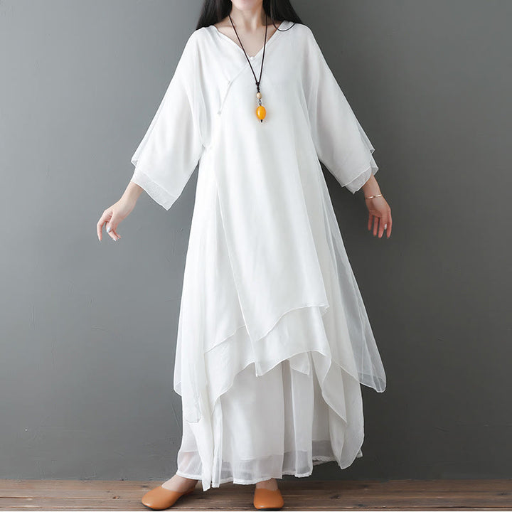 Sukienka midi z dekoltem w serek z motywem Buddha Stones, spodnie z szerokimi nogawkami, strój do medytacji i tańca zen - 2 sztuki białe (sukienka i spodnie) - US12, UK/AU16, EU44 (2XL) - image 0
