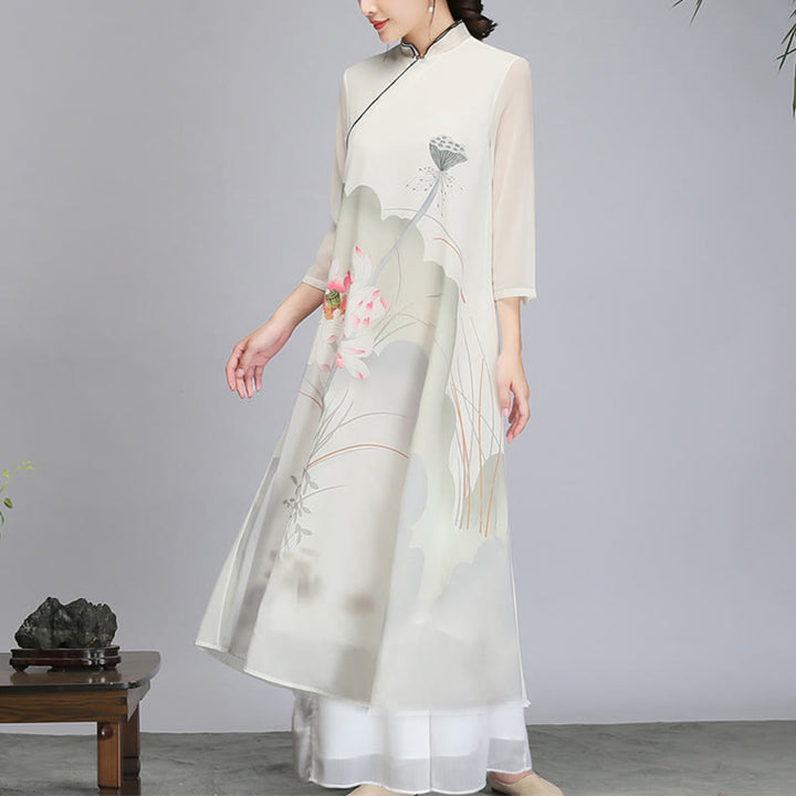 Buddha Stones Lotosu Strąk Szyfonowa Cheongsam Sukienka Midi Medytacja Zen Praktyka Odzież