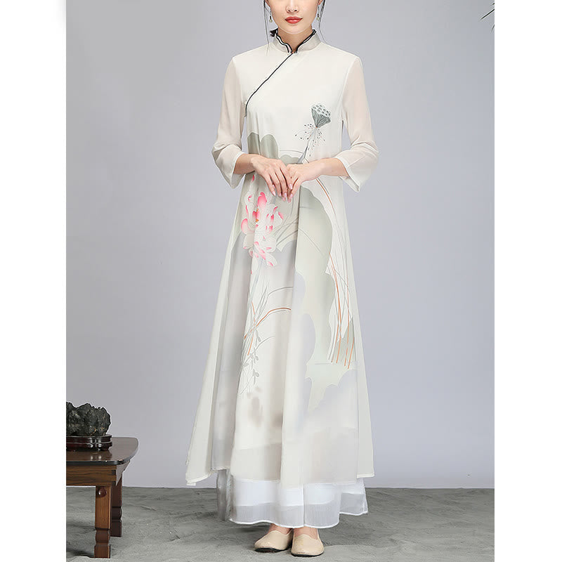 Buddha Stones Lotosu Strąk Szyfonowa Cheongsam Sukienka Midi Medytacja Zen Praktyka Odzież