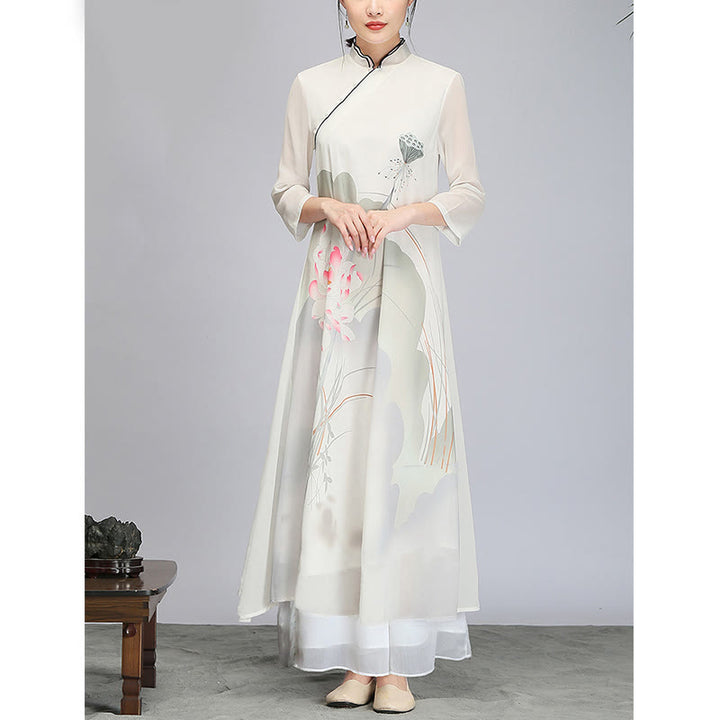 Buddha Stones Lotosu Strąk Szyfonowa Cheongsam Sukienka Midi Medytacja Zen Praktyka Odzież