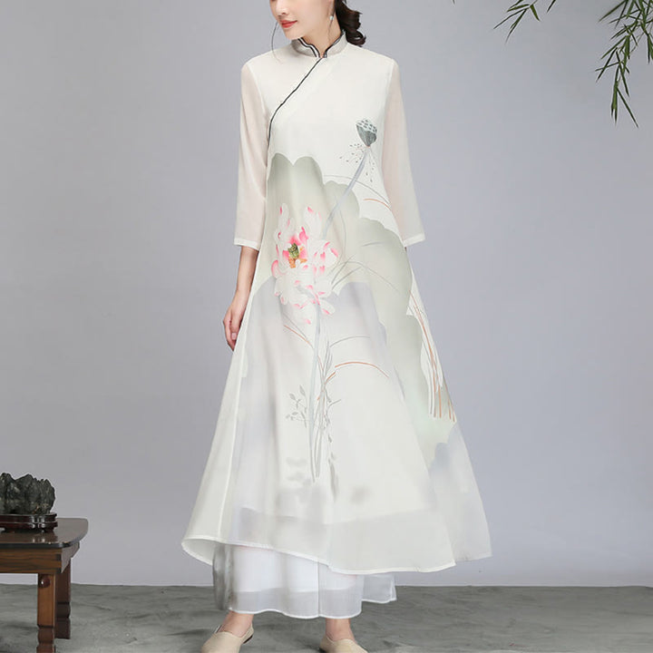 Buddha Stones Lotosu Strąk Szyfonowa Cheongsam Sukienka Midi Medytacja Zen Praktyka Odzież