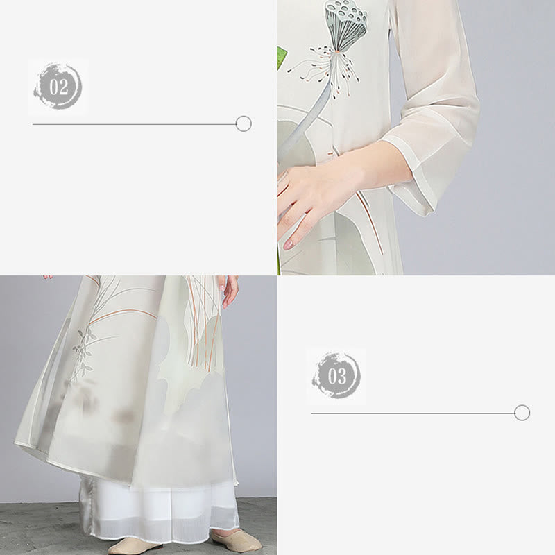 Buddha Stones Lotosu Strąk Szyfonowa Cheongsam Sukienka Midi Medytacja Zen Praktyka Odzież