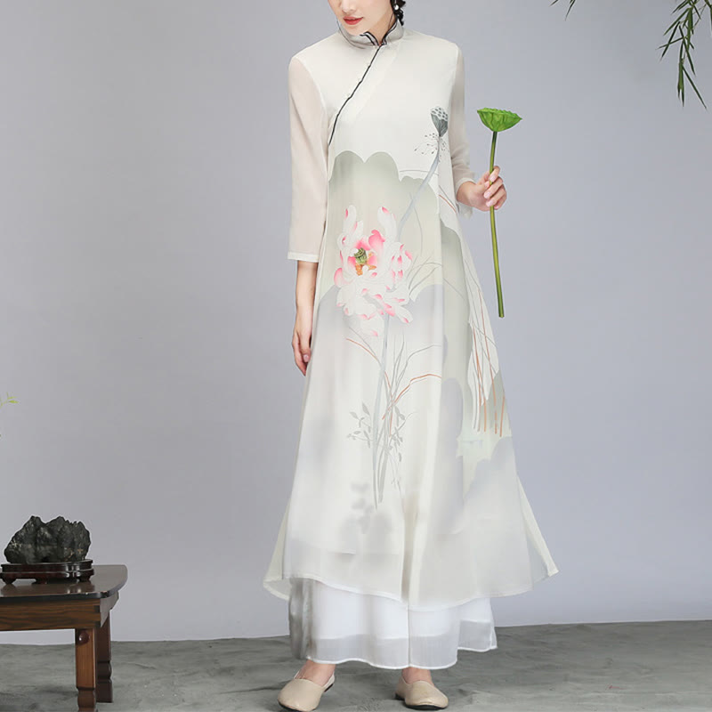 Buddha Stones Lotosu Strąk Szyfonowa Cheongsam Sukienka Midi Medytacja Zen Praktyka Odzież