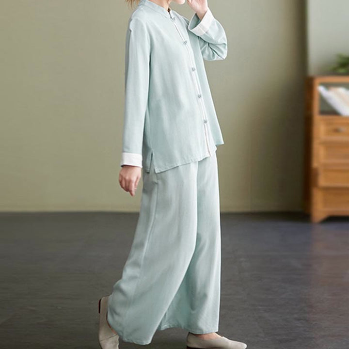 Buddha Stones 2 szt. Tang Suit z długim rękawem, koszula, spodnie, medytacja, zen, tai chi, bawełna, len, odzież damska