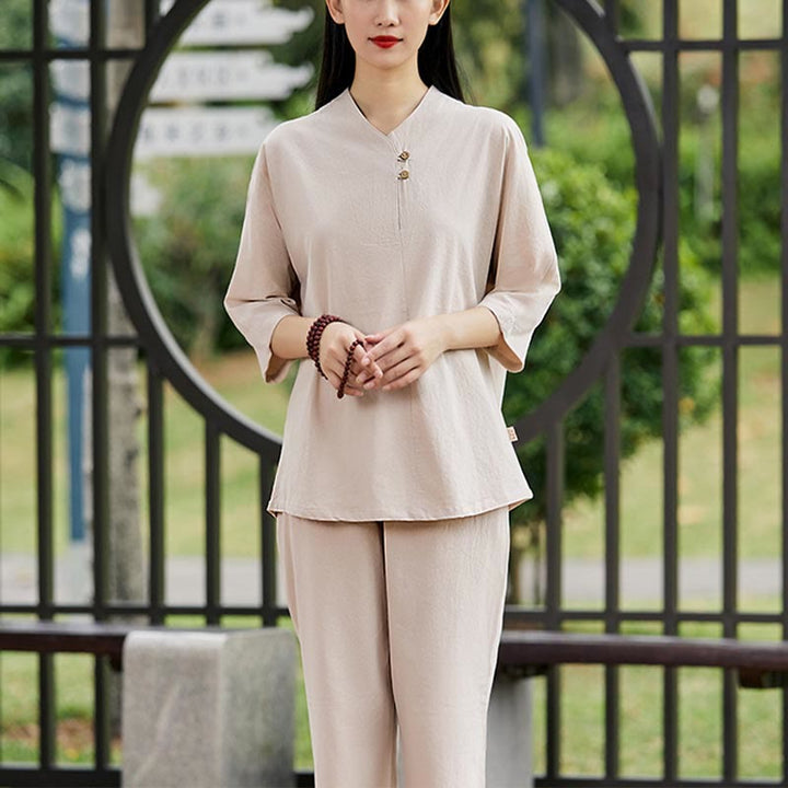 Buddha Stones 2 szt. Koszula Top Spodnie Medytacja Zen Tai Chi Bawełna Lniana Odzież Damska Zestaw - Khaki (top i spodnie) - US8-10，UK/AU12-14，EU40-42 (2XL) - image 6