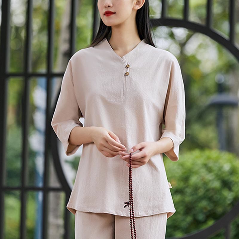 Buddha Stones 2 szt. Koszula Top Spodnie Medytacja Zen Tai Chi Bawełna Lniana Odzież Damska Zestaw - image 8