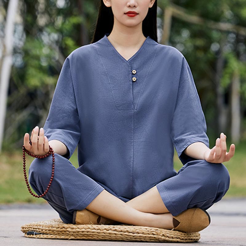 Buddha Stones 2 szt. Koszula Top Spodnie Medytacja Zen Tai Chi Bawełna Lniana Odzież Damska Zestaw - image 15