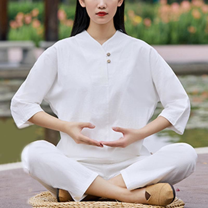 Buddha Stones 2 szt. Koszula Top Spodnie Medytacja Zen Tai Chi Bawełna Lniana Odzież Damska Zestaw - image 2